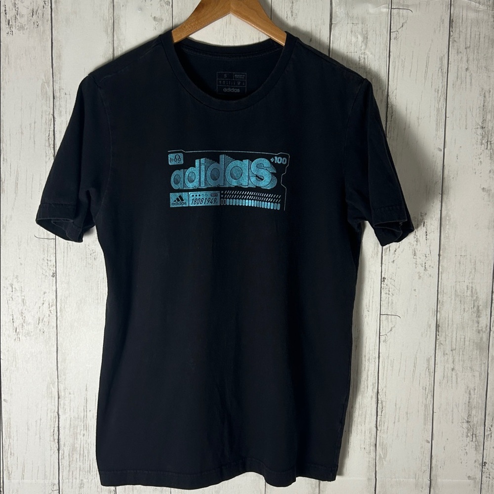 Adidas Black Tee with Light Blue Graphic mens size small retro style classic